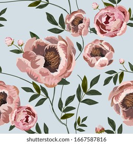 Large beige pink buds and peonies flowers surrounded by green leaves on a light blue background. Floral seamless pattern. Vector illustration with plants.