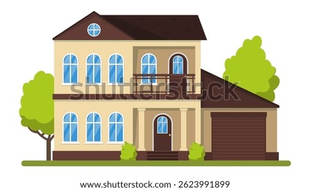 Large beige two story house featuring a brown roof, balcony, and garage, surrounded by lush trees, embodies the dream of homeownership in a welcoming suburban neighborhood