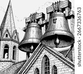 Large belfry with old-style bells, detailed and high-quality illustration, black and white, engraving style, line art, with stone and metal textures.