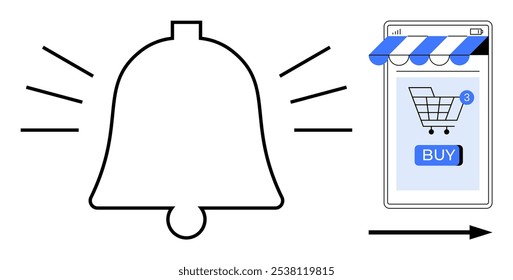 Large bell with notification lines and shopping cart on mobile phone. Ideal for online shopping, e-commerce, notifications, mobile apps, retail. Clean, modern, minimal style