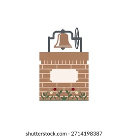 Grande campana con Grande rueda para sonar montada en un pedestal de ladrillo con placa en blanco y pequeñas flores en el suelo, Ilustración vectorial