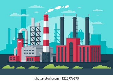 Large, big industrial zone in modern manufacturing city. Concept urban pollution of nature, technological progress. Vector illustration.