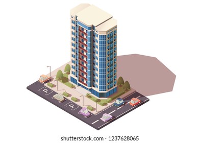 Large, big office building with parking with cars. Concept skyscraper near road and alley. Low poly. Isometric 3d vector illustration.