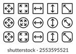 Large big screen display icon set. Compact, scalability, arrow mark, full screen, display screen size inch, Minimize and maximize, small and big display lcd line icons vector isolated illustration.