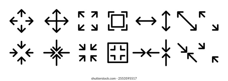 Large big screen display icon set. Compact, scalability, arrow mark, full screen, display screen size inch, Minimize and maximize, small and big display lcd line icons vector isolated illustration.