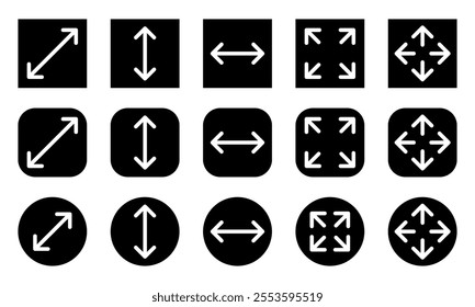 Large big screen display icon set. Compact, scalability, arrow mark, full screen, display screen size inch, Minimize and maximize, small and big display lcd line icons vector isolated illustration.