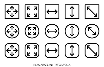 Large big screen display icon set. Compact, scalability, arrow mark, full screen, display screen size inch, Minimize and maximize, small and big display lcd line icons vector isolated illustration.