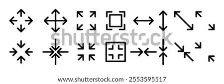 Large big screen display icon set. Compact, scalability, arrow mark, full screen, display screen size inch, Minimize and maximize, small and big display lcd line icons vector isolated illustration.