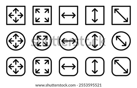 Large big screen display icon set. Compact, scalability, arrow mark, full screen, display screen size inch, Minimize and maximize, small and big display lcd line icons vector isolated illustration.