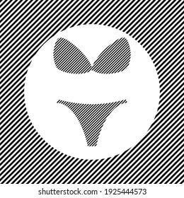 A large bikini symbol in the center as a hatch of black lines on a white circle. Interlaced effect. Seamless pattern with striped black and white diagonal slanted lines