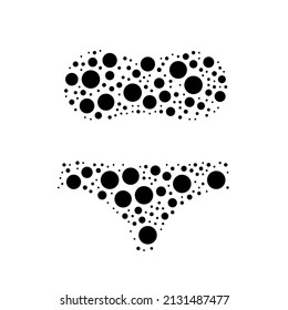 A large bikini symbol in the center made in pointillism style. The center symbol is filled with black circles of various sizes. Vector illustration on white background