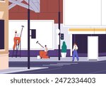 Large billboard installation on city street. Workers placing, installing blank advertising banner background for commercial promotion. Preparing for urban marketing campaign. Flat vector illustration