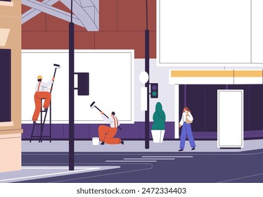 Large billboard installation on city street. Workers placing, installing blank advertising banner background for commercial promotion. Preparing for urban marketing campaign. Flat vector illustration