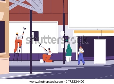 Large billboard installation on city street. Workers placing, installing blank advertising banner background for commercial promotion. Preparing for urban marketing campaign. Flat vector illustration