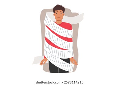 Large bills worry man wrapped in long check, suffering due to inflation and rising food prices. Inflation and demands for payment for positions cause depression in guy with sad face.
