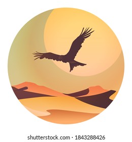 A large bird of prey flies over the dunes. The sun behind the bird the landscape tropical countries. Desert sand. Color minimalistic stylized image in vector.