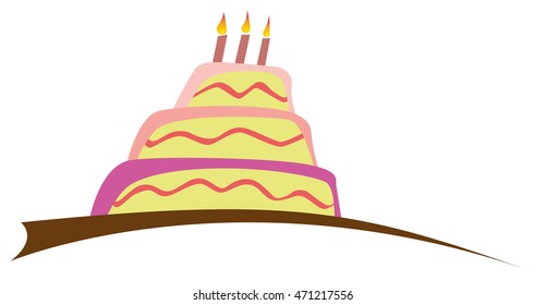 Large Birthday cake with three candles. Vector illustration