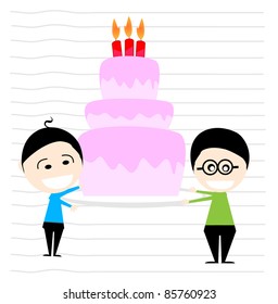 large birthday cake with two cute kids cheerful