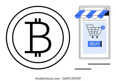 Large Bitcoin symbol alongside a mobile phone screen depicting an online store. Ideal for cryptocurrency, e-commerce, mobile shopping, digital transactions, fintech. Minimalist flat vector style