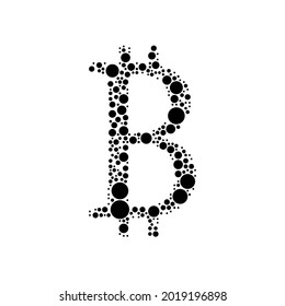 Un gran símbolo de bitcoin en el centro hecho al estilo del puntillismo. El símbolo central está lleno de círculos negros de varios tamaños. Ilustración del vector sobre fondo blanco
