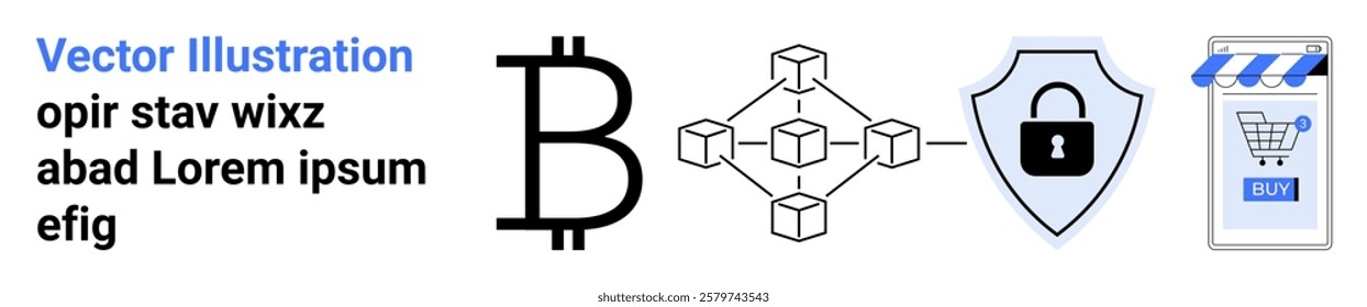 Large Bitcoin symbol next to blockchain, shield with lock, and shopping cart icons. Ideal for cryptocurrency, blockchain technology, online security, e-commerce, fintech. Banner for landing page