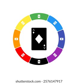 A large black ace of diamond card in the center, surrounded by eight white symbols on a colored background. Background of seven rainbow colors and black. Vector illustration on white background