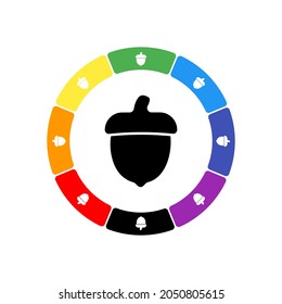 A large black acorn symbol in the center, surrounded by eight white symbols on a colored background. Background of seven rainbow colors and black. Vector illustration on white background