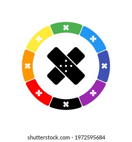 A large black adhesive plaster symbol in the center, surrounded by eight white symbols on a colored background. Background of seven rainbow colors and black. Vector illustration on white background