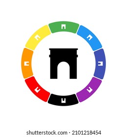 A large black arch symbol in the center, surrounded by eight white symbols on a colored background. Background of seven rainbow colors and black. Vector illustration on white background