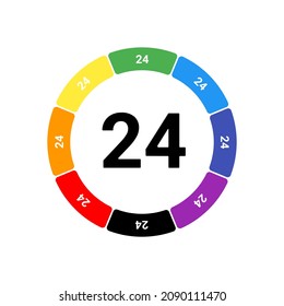 A large black around the clock symbol in the center, surrounded by eight white symbols on a colored background. Background of seven rainbow colors and black. Vector illustration on white background