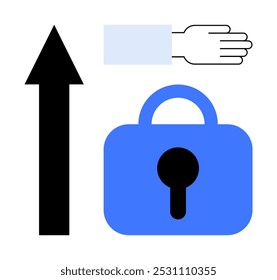 Large black arrow, blue lock with keyhole, open hand with extended fingers on light background. Ideal for security, control, access, navigation, user interface. Simple modern style