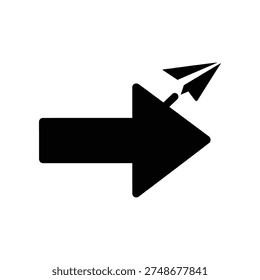 A large black arrow pointing left with a small paper plane emerging from its tip, symbolizing direction and movement on a clean white background.