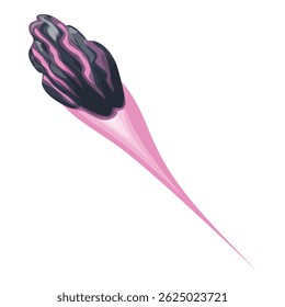 Large, black asteroid flying through space leaving a pink trail