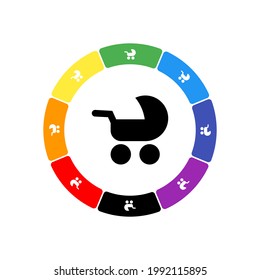 A large black baby carriage symbol in the center, surrounded by eight white symbols on a colored background. Background of seven rainbow colors and black. Vector illustration on white background