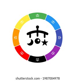 A large black baby mobile in the center, surrounded by eight white symbols on a colored background. Background of seven rainbow colors and black. Vector illustration on white background