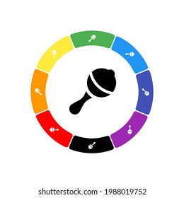 A large black baby rattle symbol in the center, surrounded by eight white symbols on a colored background. Background of seven rainbow colors and black. Vector illustration on white background