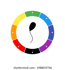 A large black balloon symbol in the center, surrounded by eight white symbols on a colored background. Background of seven rainbow colors and black. Vector illustration on white background