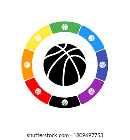 A large black basketball symbol in the center, surrounded by eight white symbols on a colored background. Background of seven rainbow colors and black. Vector illustration on white background