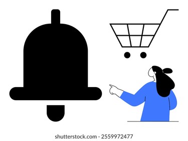 Large black bell icon on left, woman in blue shirt pointing towards shopping cart icon on right. Ideal for online shopping, mobile notifications, e-commerce, digital marketing, customer engagement