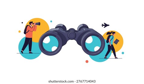 Large black binoculars positioned between two travelers, one using binoculars and the other walking with a backpack for tourism.
