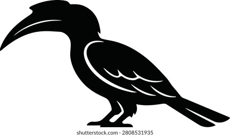 Large black bird with long curved beak and white lines
