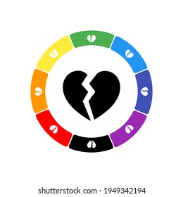 A large black broken heart symbol in the center, surrounded by eight white symbols on a colored background. Background of seven rainbow colors and black. Vector illustration on white background