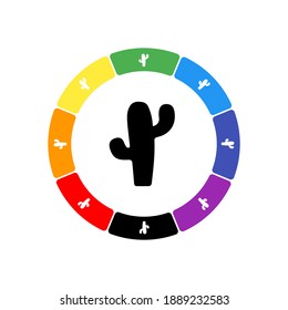 A large black cactus symbol in the center, surrounded by eight white symbols on a colored background. Background of seven rainbow colors and black. Vector illustration on white background