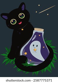 a large black cat with big eyes sits on the green grass with a small soap ghost in a flask. gray ghost with a star in his hands