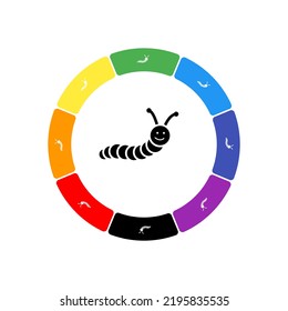 A large black caterpillar symbol in the center, surrounded by eight white symbols on a colored background. Background of seven rainbow colors and black. Vector illustration on white background