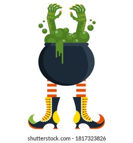 Large black cauldron of green witchcraft potion on legs of witch. Halloween character. Flat vector cartoon illustration.