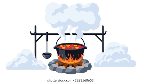 Large black cauldron hanging from tripod over campfire with ladle and thick steam clouds for wilderness camping food preparation and rustic cooking scenarios.