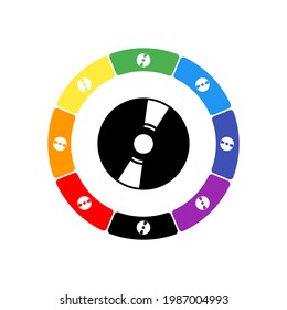 A large black cd symbol in the center, surrounded by eight white symbols on a colored background. Background of seven rainbow colors and black. Vector illustration on white background