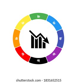 A large black chart down symbol in the center, surrounded by eight white symbols on a colored background. Background of seven rainbow colors and black. Vector illustration on white background