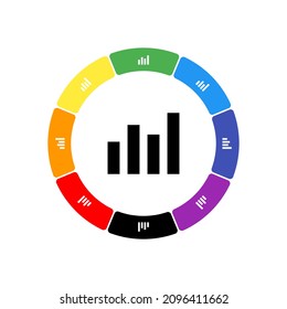 Un gran símbolo de línea negra en el centro, rodeado por ocho símbolos blancos en un fondo de color. Fondo de siete colores arcoiris y negro. Ilustración del vector sobre fondo blanco